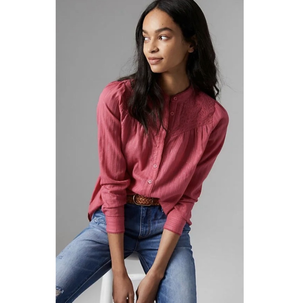 Anthropologie Pilcro Victoria Shimmer Lace Button Down Peasant Blouse 4